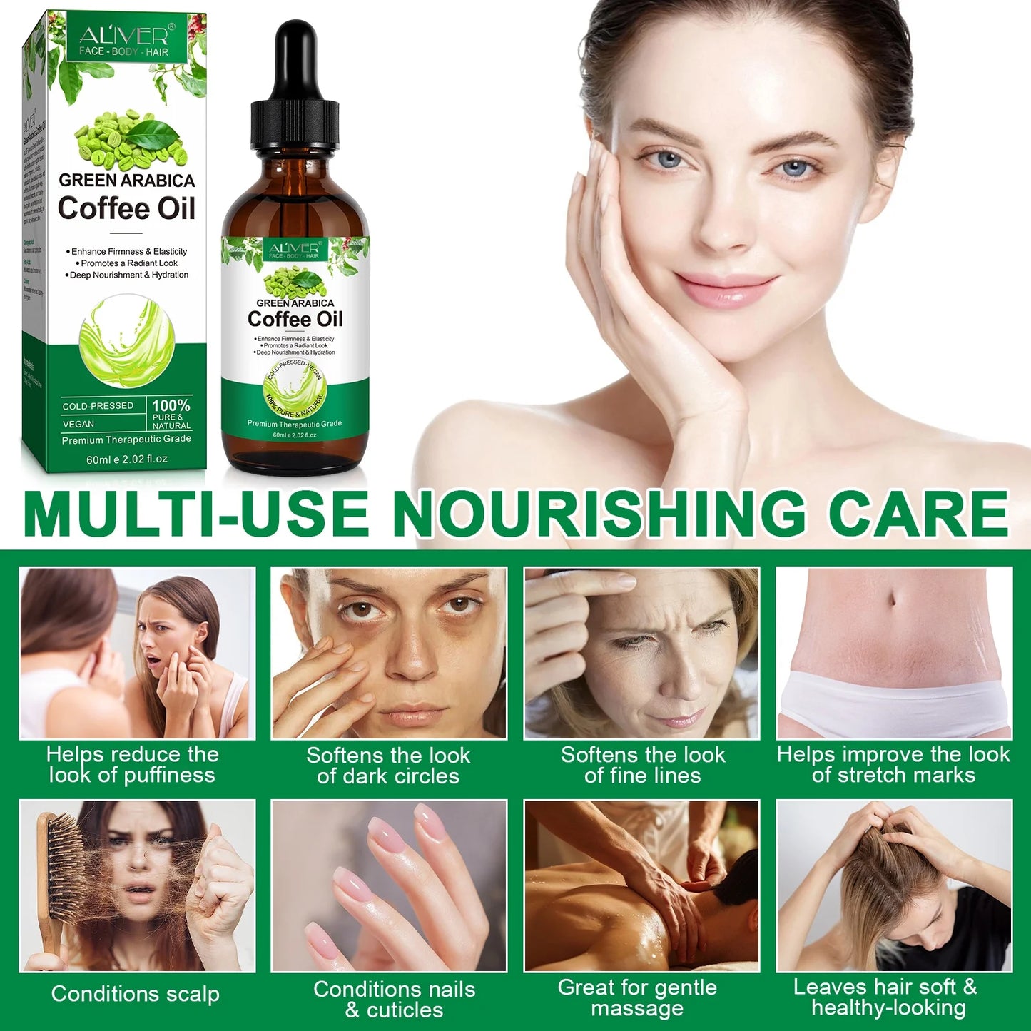 Cold-Pressed Green Arabica Coffee Oil 60Ml - 100% Pure Natural Carrier Oil for Skincare, Enhances Firmness, Deep Nourishment for Face, Body & Hair Care