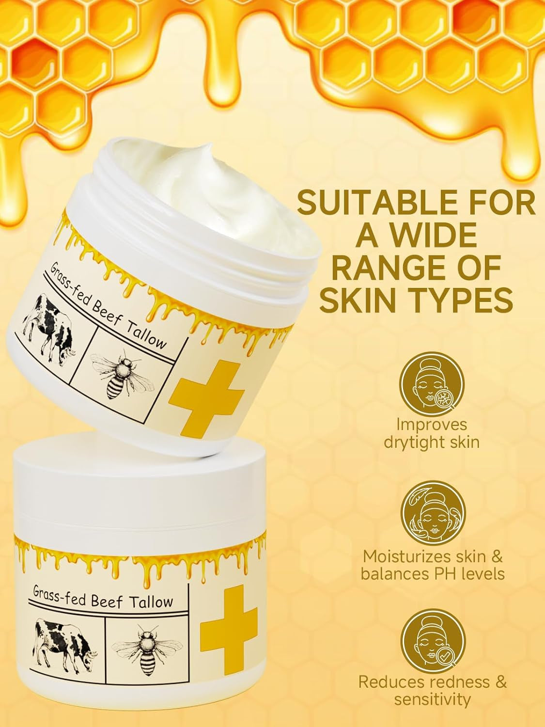 Beef Tallow for Skin, Beef Tallow, Tallow and Honey Cream, Grass Fed Beef Tallow, Whipped Beef Tallow for Face Moisturizer for All Purpose with Raw Honey Tallow Balm, 2 Packs