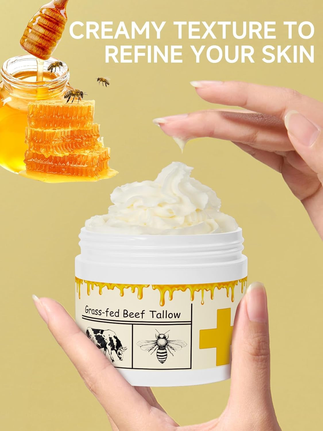 Beef Tallow for Skin, Beef Tallow, Tallow and Honey Cream, Grass Fed Beef Tallow, Whipped Beef Tallow for Face Moisturizer for All Purpose with Raw Honey Tallow Balm, 2 Packs