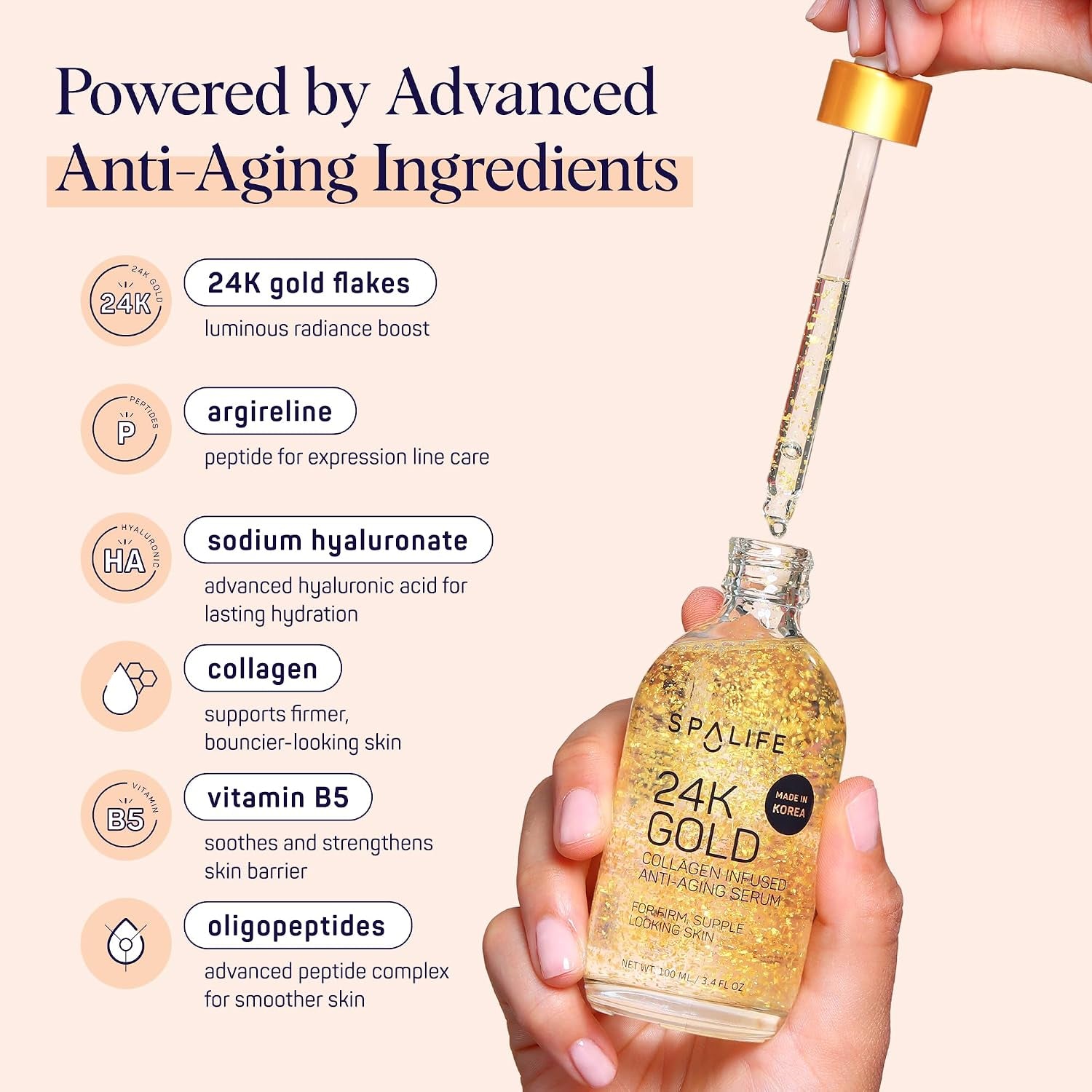 Beauty 24K Gold anti Aging Serum | Korean Deep Collagen Serum for Face with Real Gold Flakes | Hydrating & Firming Treatment for a Youthful Look | 3.7 Fl. Oz.