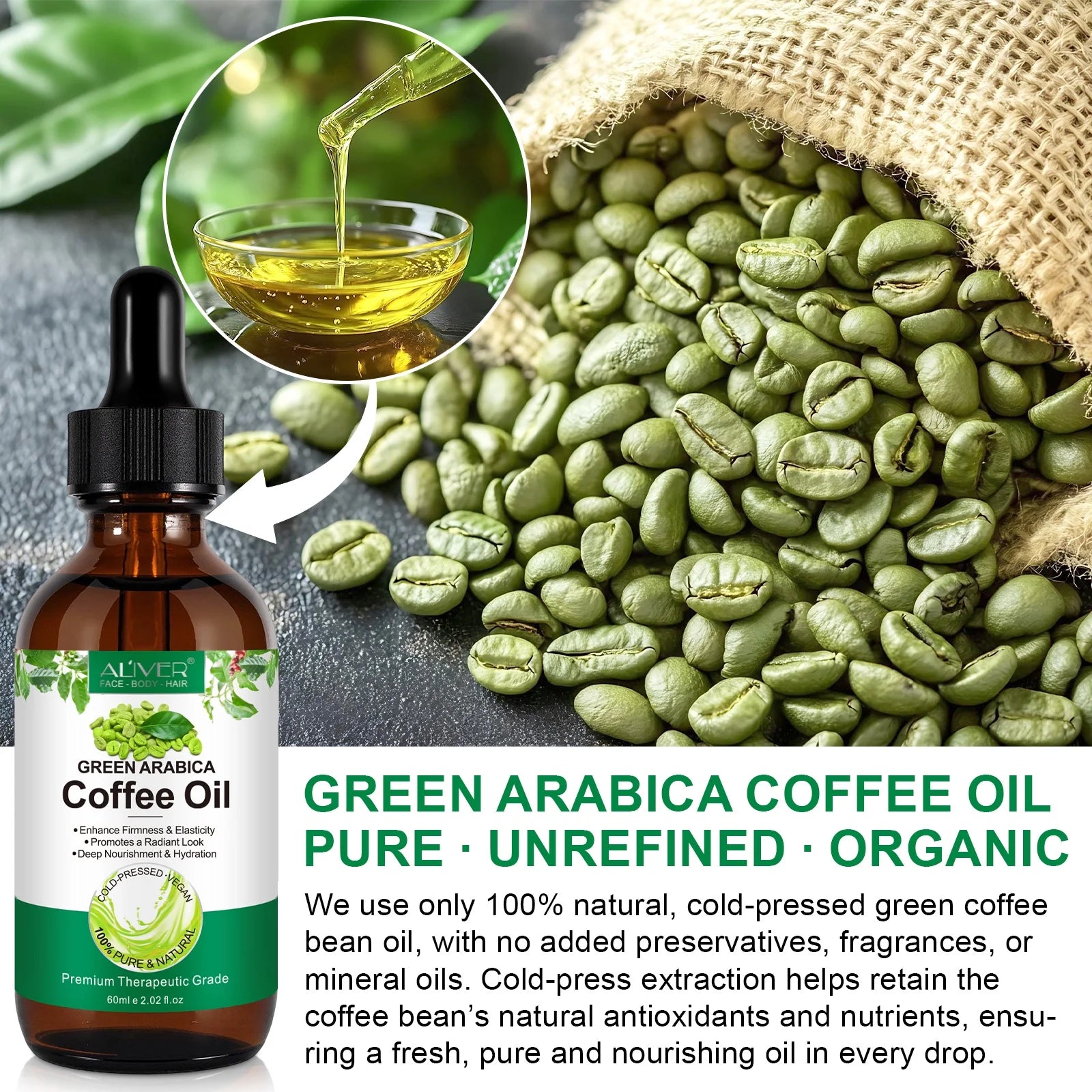 Cold-Pressed Green Arabica Coffee Oil 60Ml - 100% Pure Natural Carrier Oil for Skincare, Enhances Firmness, Deep Nourishment for Face, Body & Hair Care