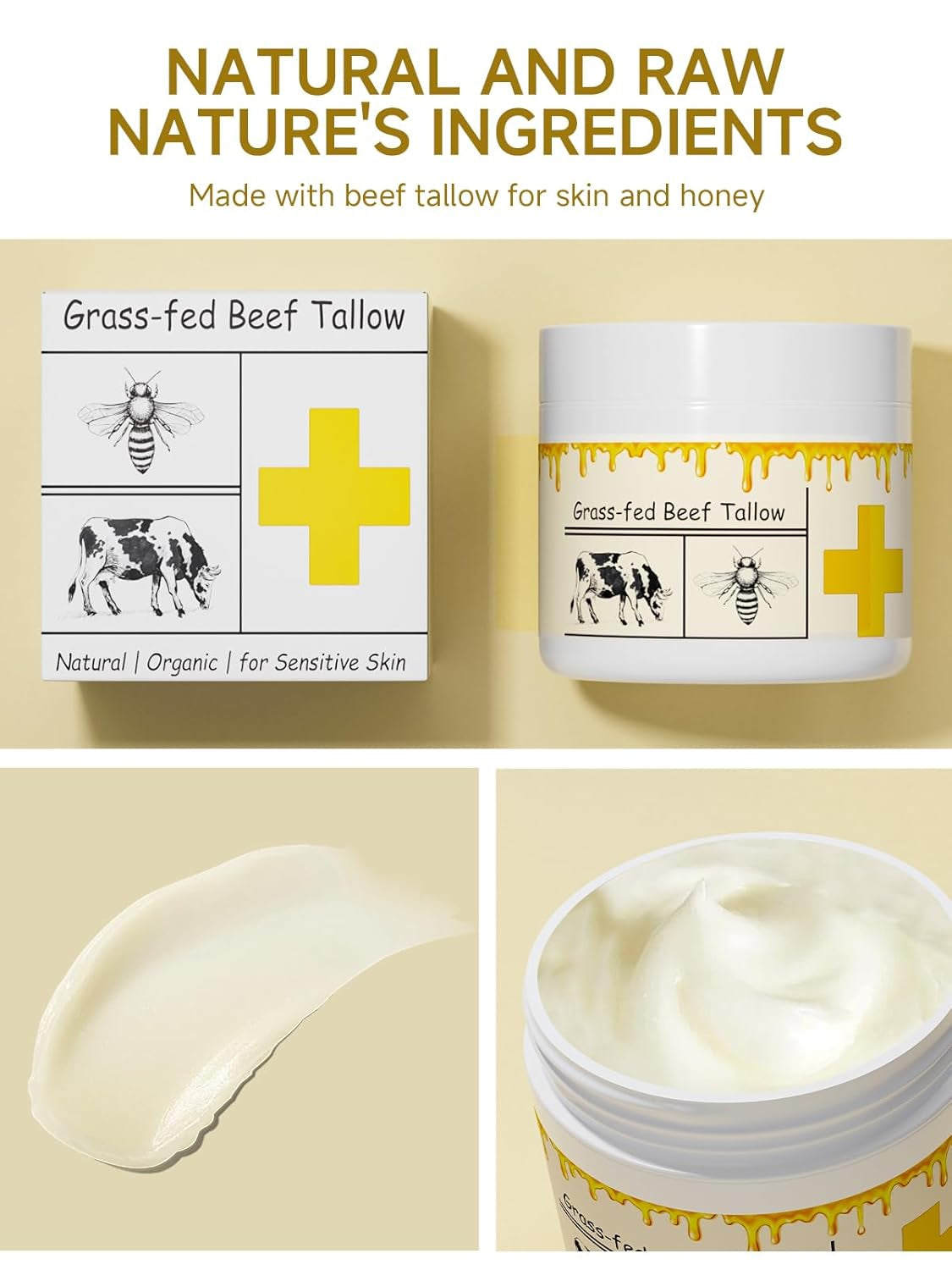 Beef Tallow for Skin, Beef Tallow, Tallow and Honey Cream, Grass Fed Beef Tallow, Whipped Beef Tallow for Face Moisturizer for All Purpose with Raw Honey Tallow Balm, 2 Packs