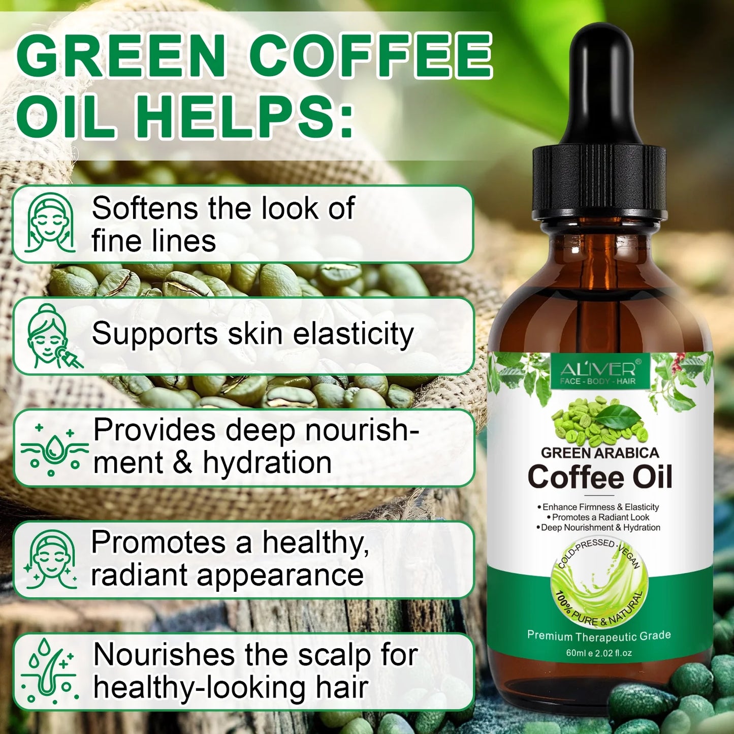 Cold-Pressed Green Arabica Coffee Oil 60Ml - 100% Pure Natural Carrier Oil for Skincare, Enhances Firmness, Deep Nourishment for Face, Body & Hair Care