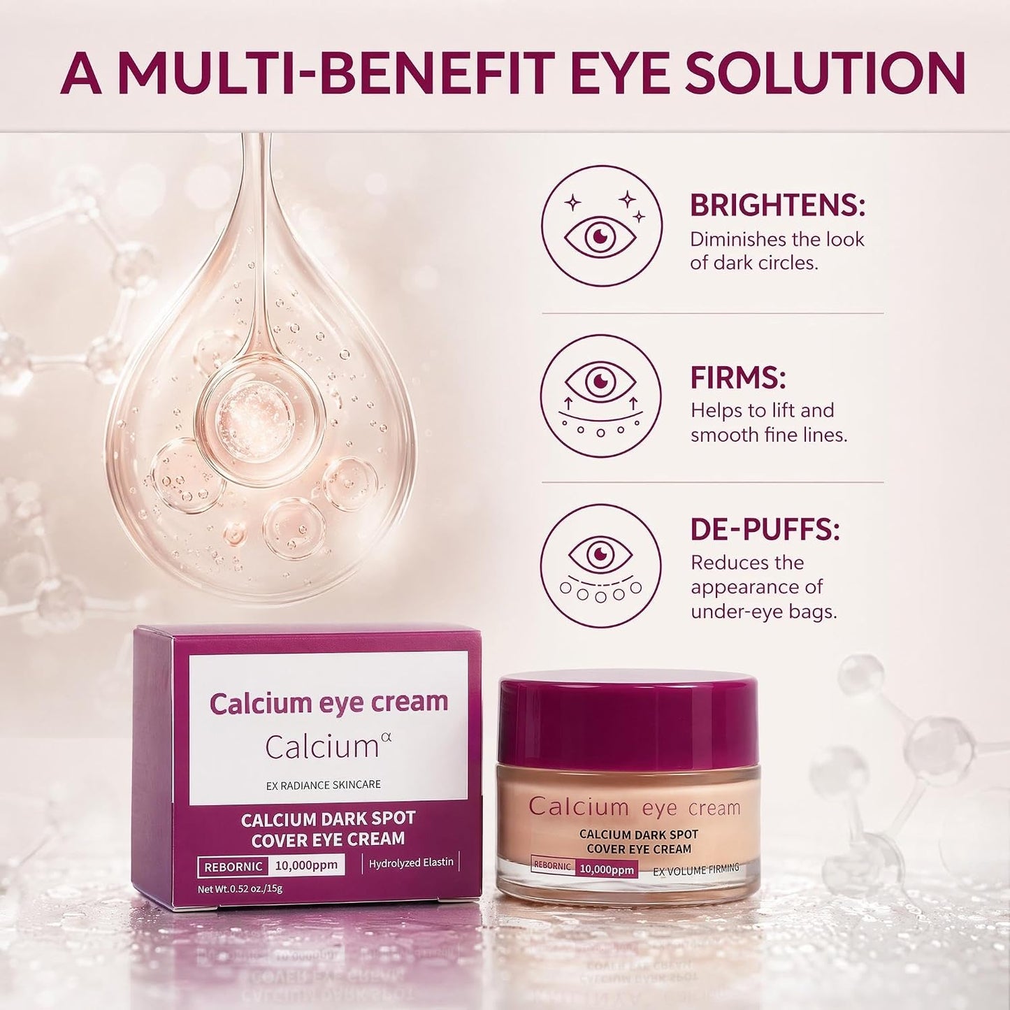 Calcium Dark Spot Eye Cream 15G – Niacinamide & Calcium Gluconate Eye Cream for Dark Circles, under Eye Bags & Sagging | Hydrolyzed Elastin EX Volume Firming Korean Eye Cream