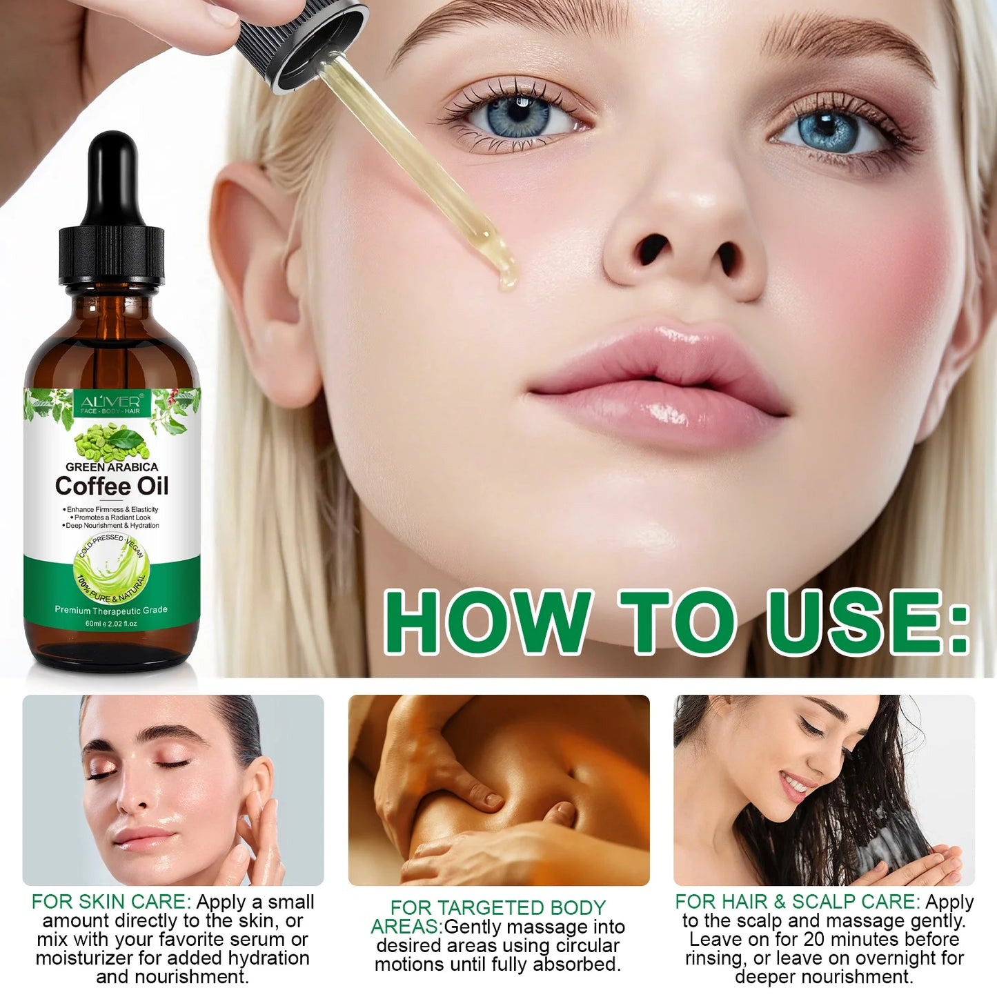 Cold-Pressed Green Arabica Coffee Oil 60Ml - 100% Pure Natural Carrier Oil for Skincare, Enhances Firmness, Deep Nourishment for Face, Body & Hair Care