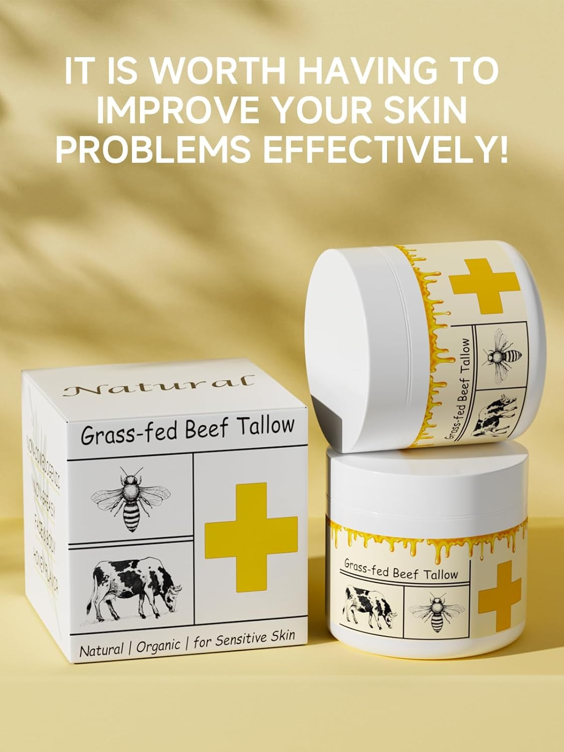 Beef Tallow for Skin, Beef Tallow, Tallow and Honey Cream, Grass Fed Beef Tallow, Whipped Beef Tallow for Face Moisturizer for All Purpose with Raw Honey Tallow Balm, 2 Packs
