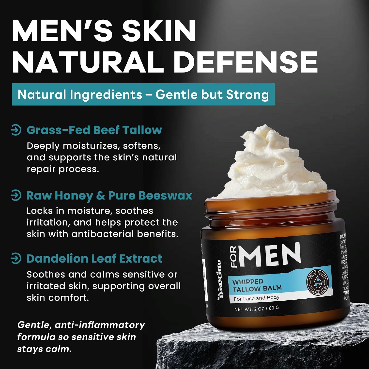 Wrinkle Defense Tallow Balm for Men – Anti-Aging Whipped Beef Tallow with Jojoba Oil for Deep Hydration, Clean Scent Non-Greasy Skincare for Men