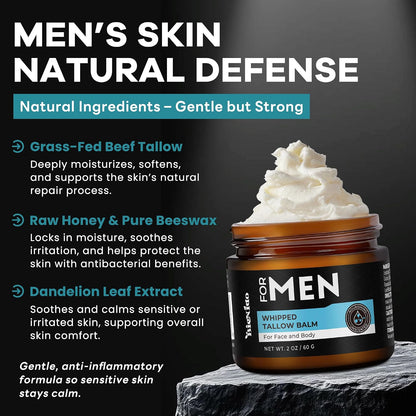 Wrinkle Defense Tallow Balm for Men – Anti-Aging Whipped Beef Tallow with Jojoba Oil for Deep Hydration, Clean Scent Non-Greasy Skincare for Men