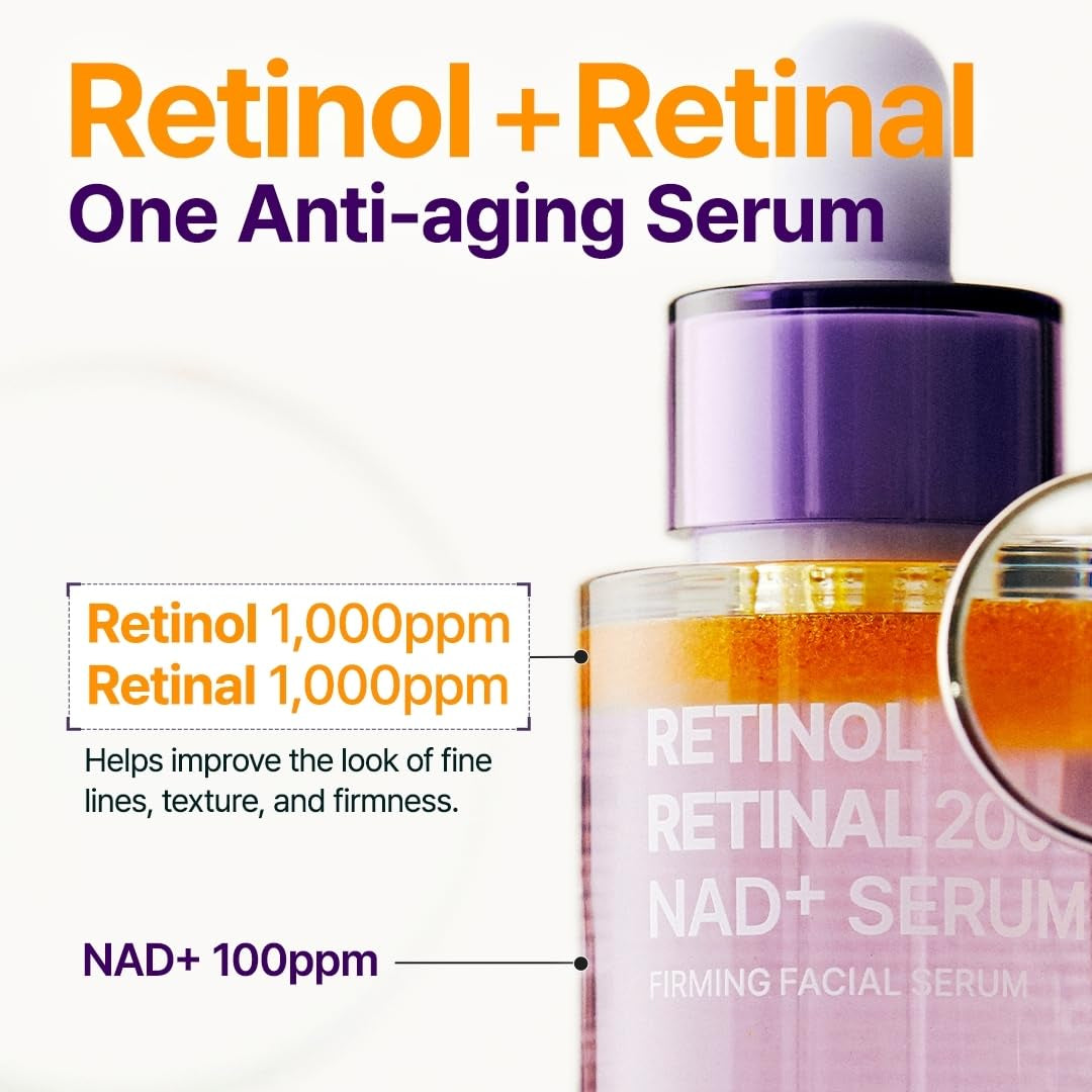 Retinol 0.1% + Retinal 0.1% Anti-Aging Facial Serum | for Wrinkles, Fine Lines & Firmer Skin | Dual Retinoids with NAD+, Improve Elasticity & Skin Texture | Korean Skincare, 30Ml 1.01 Fl.Oz