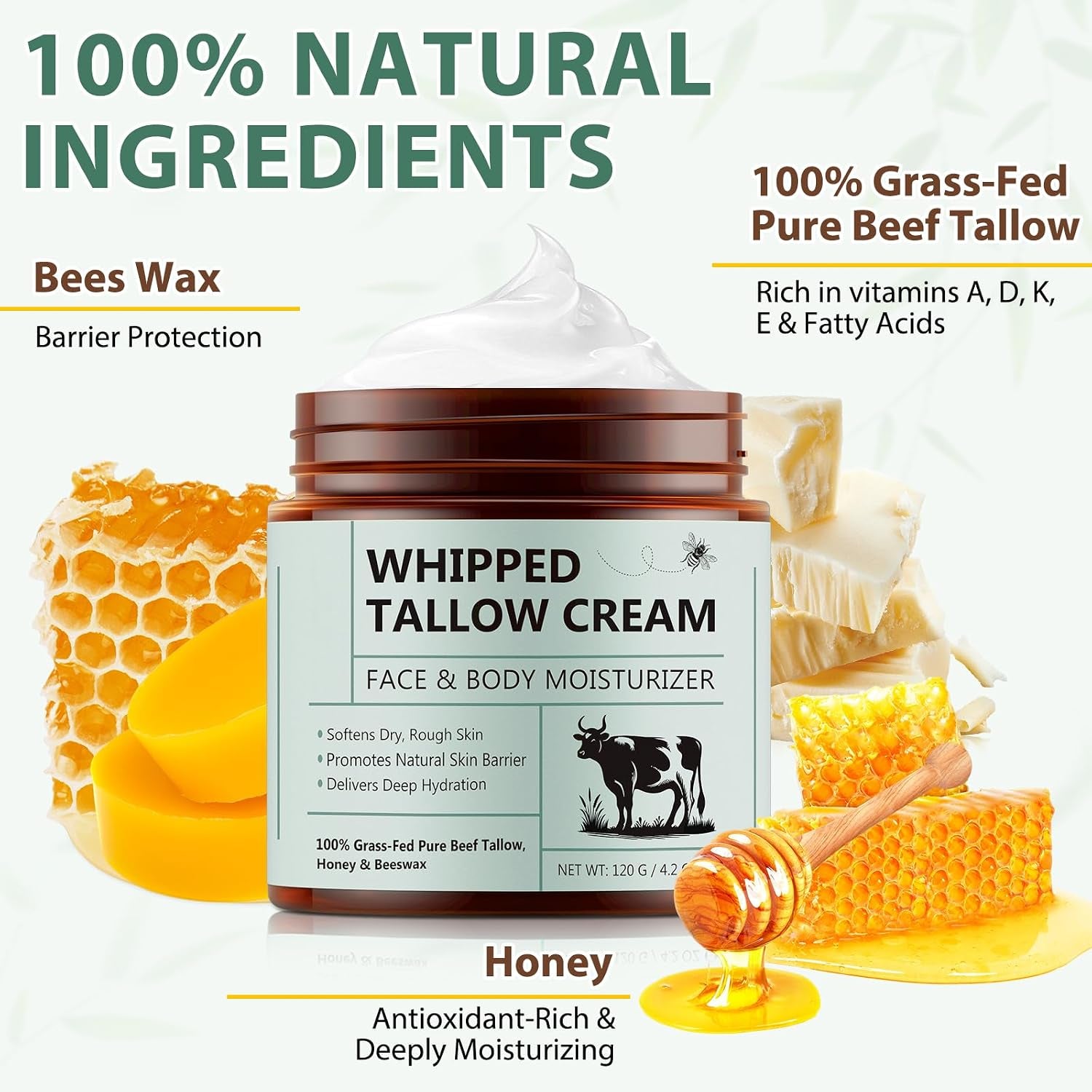 Beef Tallow for Skin, Beef Tallow and Honey Balm, All-Natural Ingredient Moisturizer for Face & Body Skin Care 1Pack